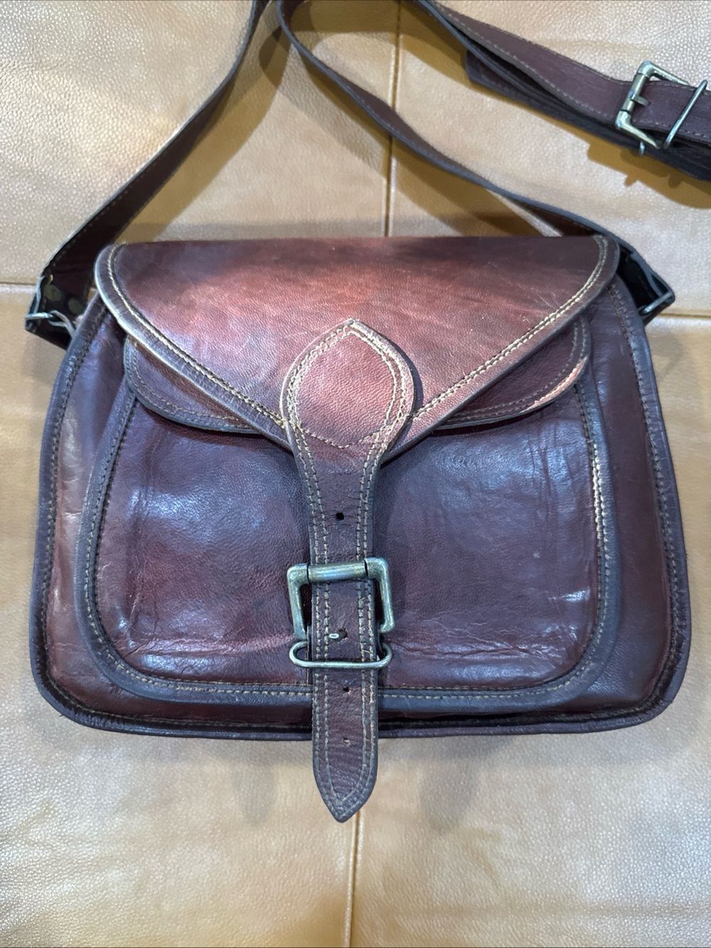 Vintage Full Grain Leather Satchel Messenger Crossbody Rustic Boho Distressed
